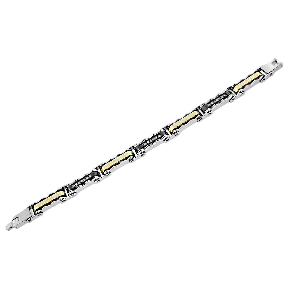 Stainless Steel Black Yellow Gold-Tone Silver-Tone CZ Greek Key Link Mens Bracelet