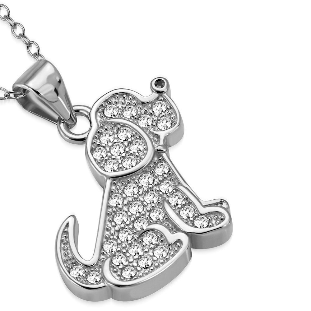 925 Sterling Silver White Clear CZ Puppy Dog Animal Pendant Necklace
