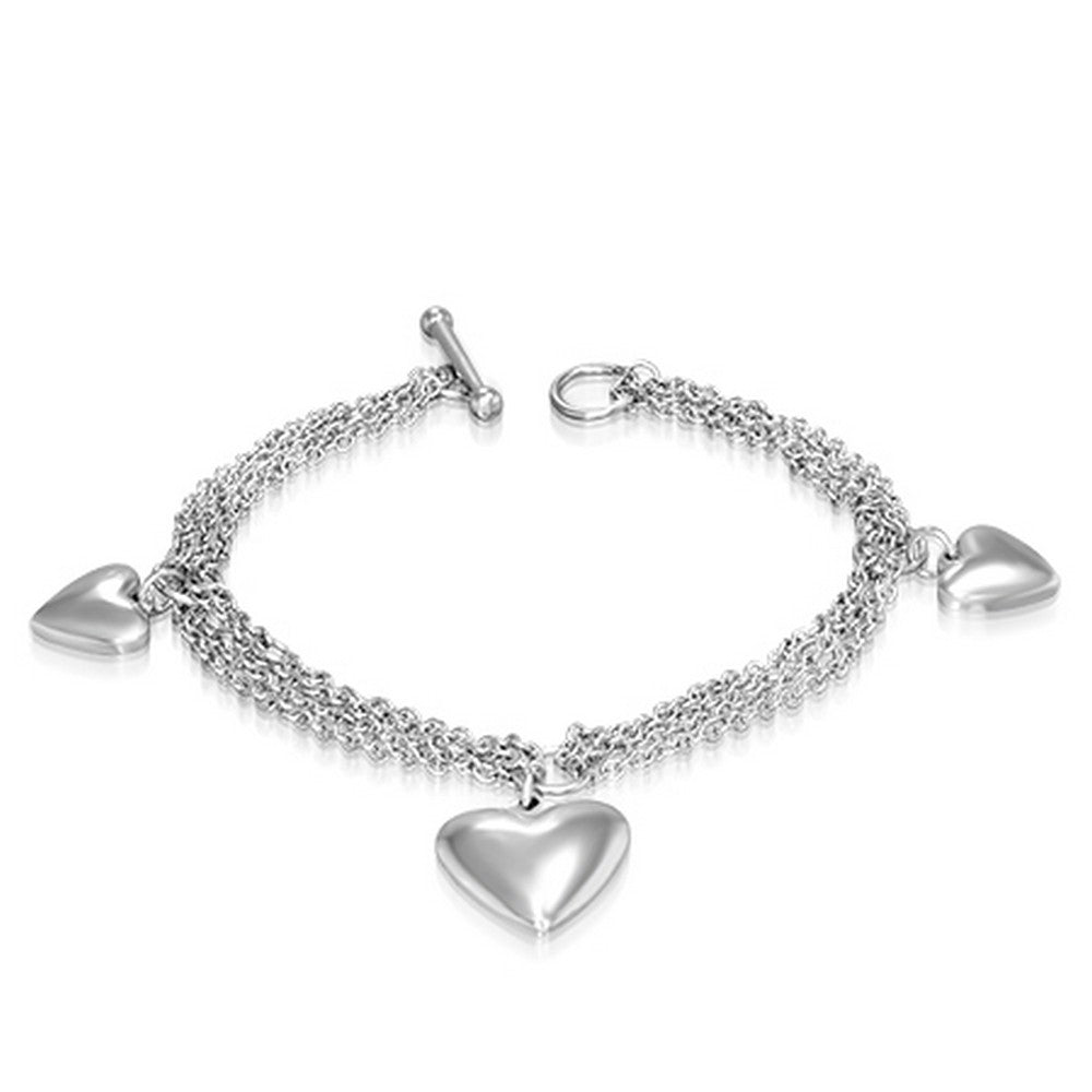 Stainless Steel Silver-Tone Triple Love Heart Link Chain Womens Bracelet