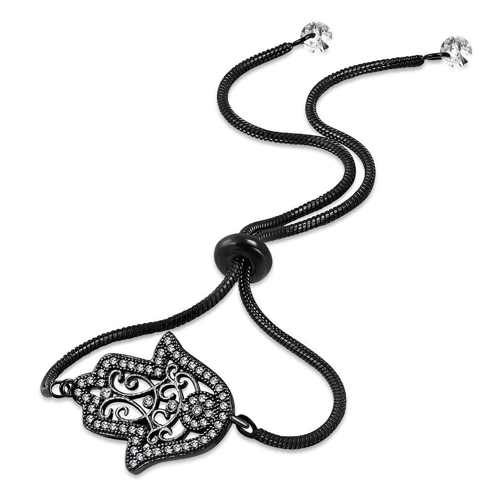 Stainless Steel Clear CZ Filigree Hamsa Adjustable Snake Chain Bracelet