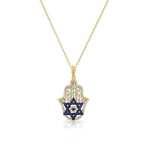 925 Sterling Silver Yellow Gold-Tone Baguette White Blue CZ Star of David Hamsa Pendant Necklace