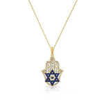 925 Sterling Silver Baguette White Blue CZ Star of David Hamsa Pendant Necklace