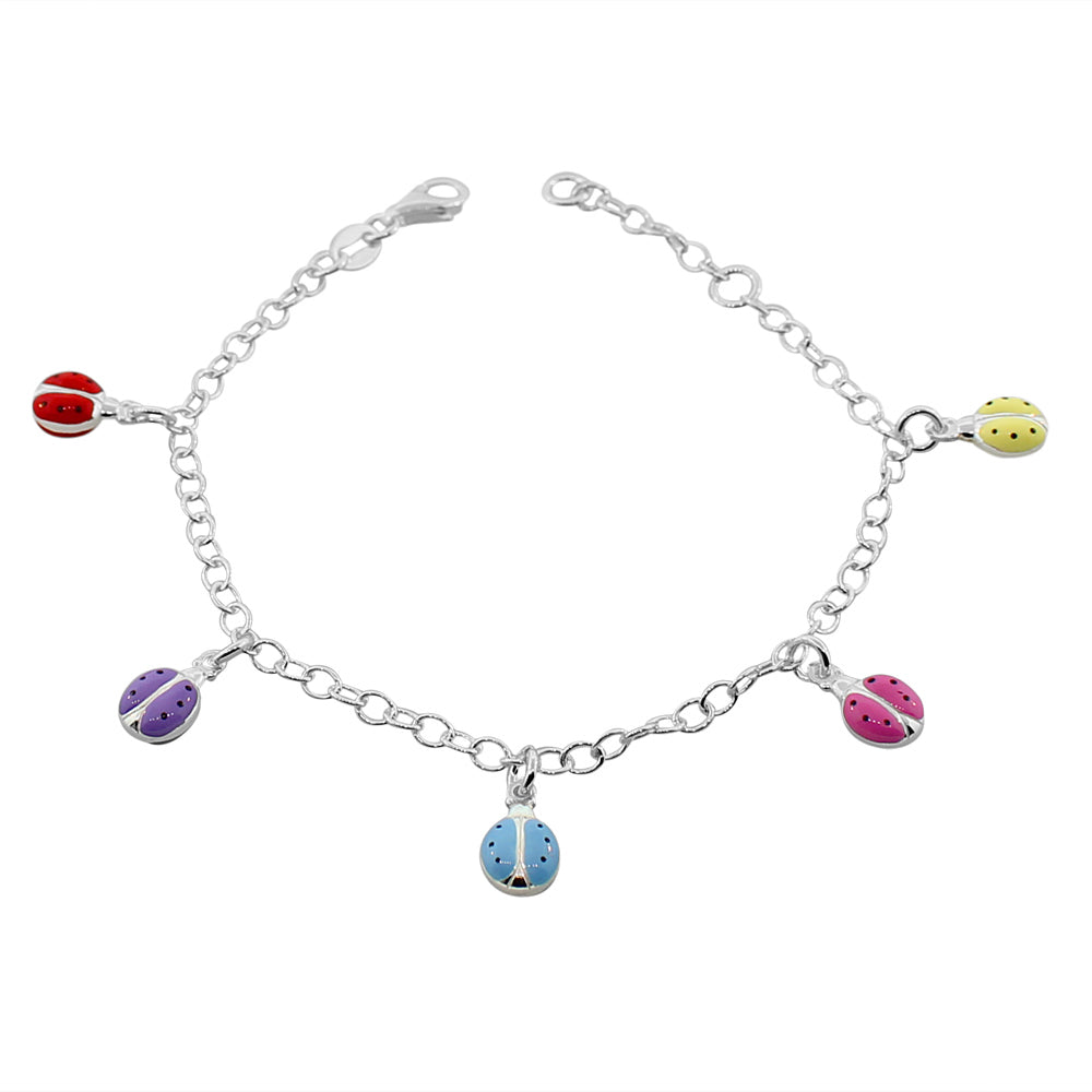 925 Sterling Silver Multi Color Ladybugs Chain Charm Kids Bracelet