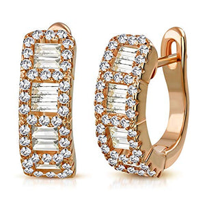 925 Sterling Silver Rose Gold-Tone Baguette Round CZ Hoop Huggie Earrings