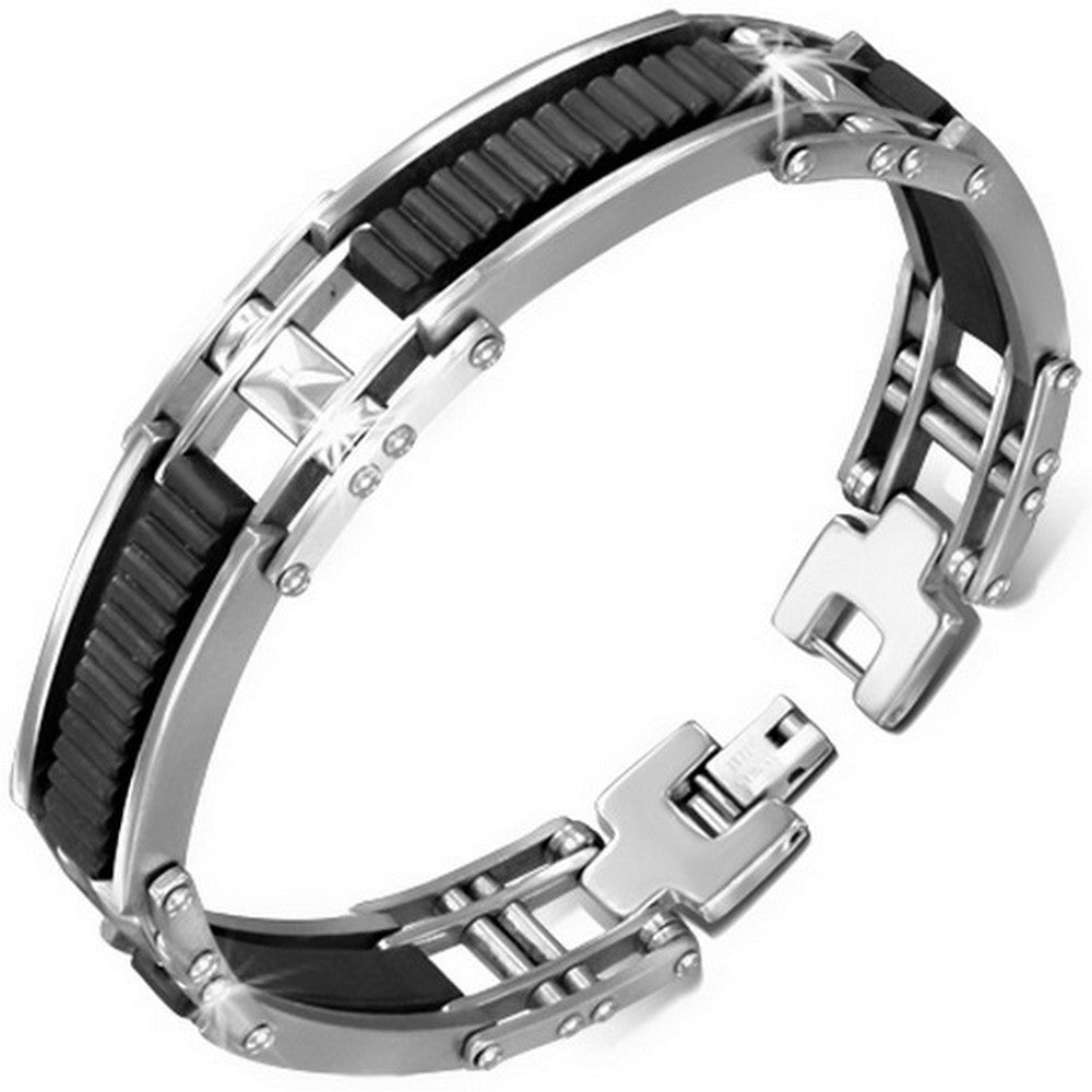 Stainless Steel Silver-Tone Black Rubber Silicone Mens Link Bracelet