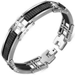 Stainless Steel Silver-Tone Black Rubber Silicone Mens Link Bracelet