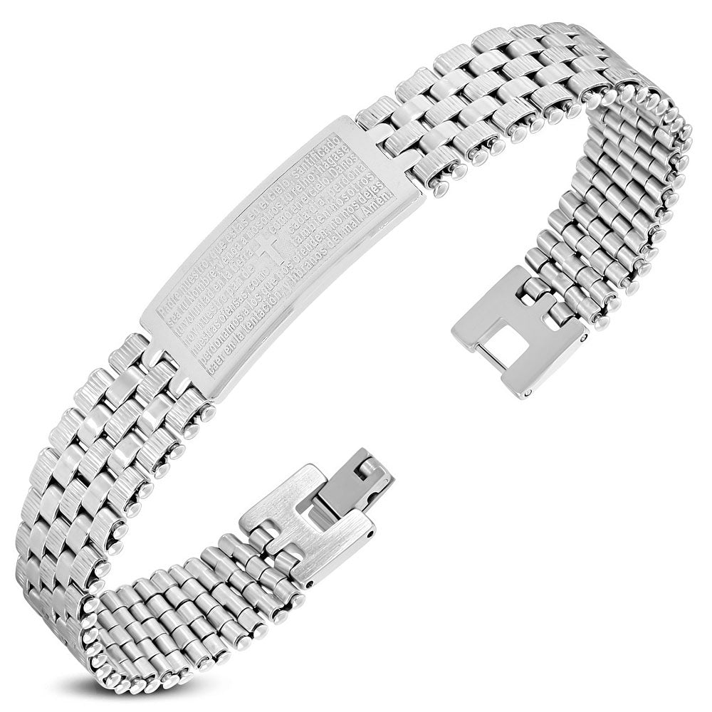 Stainless Steel Silver-Tone Prayer Spanish Padre Nuestro Mens Bracelet