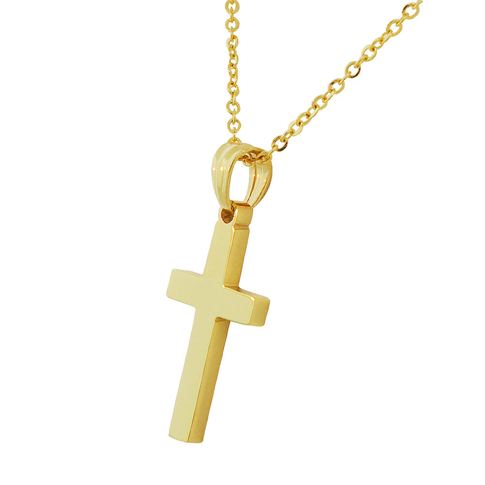 Stainless Steel Yellow Gold-Tone Cross Stud Earrings Necklace Pendant Set