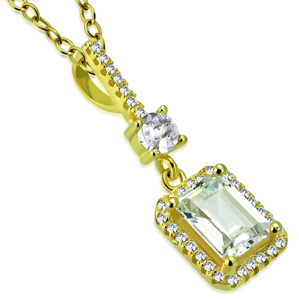 925 Sterling Silver Rectangular Round CZ Elegant Pendant Necklace, 18"
