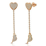 925 Sterling Silver White Clear CZ Love Heart Bird Lovebird Dangle Drop Earrings, 1.85"