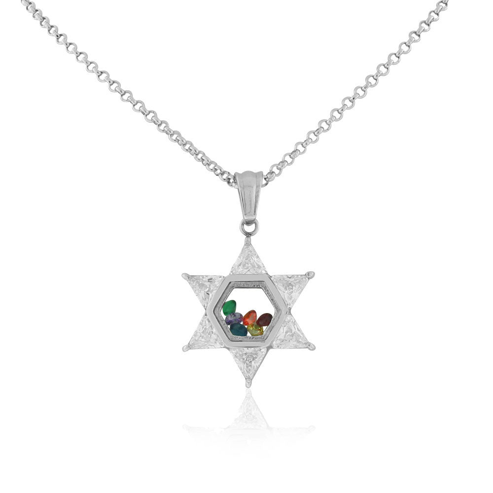 Stainless Steel Silver-Tone Clear Multicolor CZ Jewish Star of David Pendant Necklace
