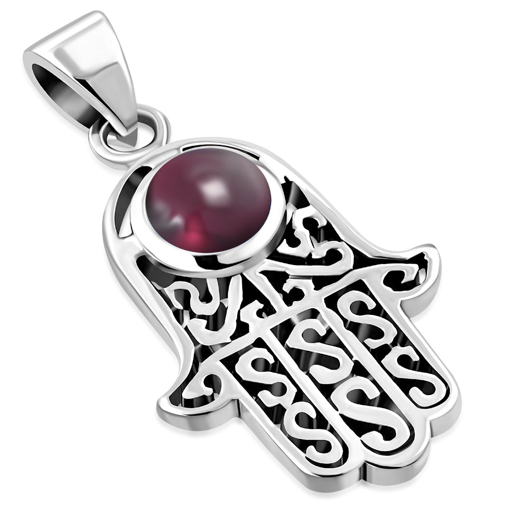 925 Sterling Silver Hamsa Hand Protection Simulated Gemstone Pendant Necklace With Chain