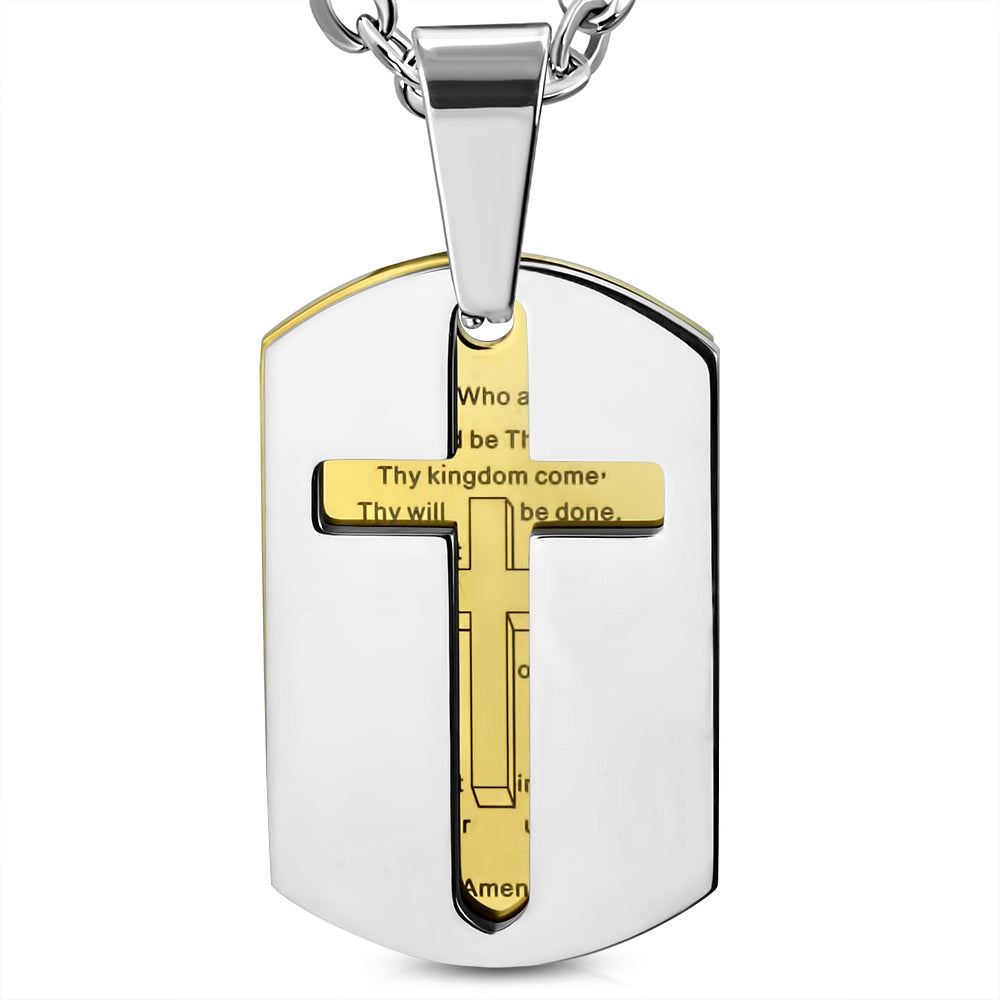 Stainless Steel Two-Tone Cut-out Religious Cross Prayer English Mens Pendant Necklace