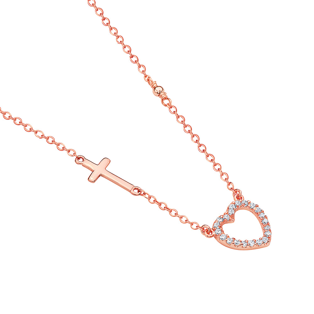 925 Sterling Silver Rose Gold-Tone Love Heart Cross Charm White CZ Pendant Necklace