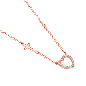 925 Sterling Silver Rose Gold-Tone Love Heart Cross Charm White CZ Pendant Necklace