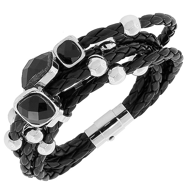 Fashion Alloy Black Faux PU Leather Silver-Tone Multi-Row Layer Bracelet
