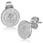 Stainless Steel Silver-Tone Religious Christian Round Stud Earrings