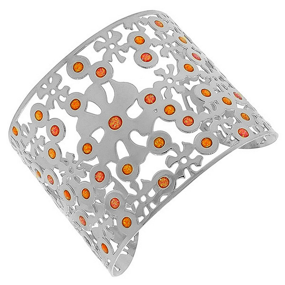 Stainless Steel Silver-Tone Cut-Out Floral Multicolor Design Wide Open End Cuff Bangle Bracelet