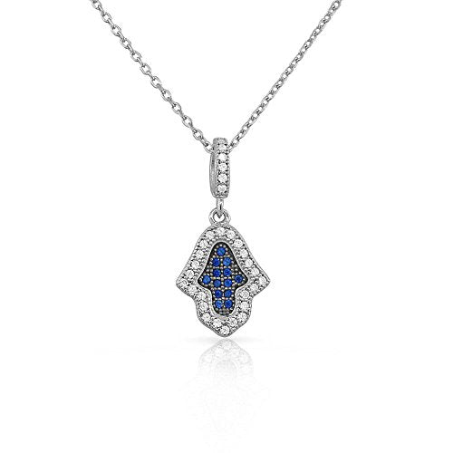 Sterling Silver Womens Hamsa White Blue CZ Pendant Necklace