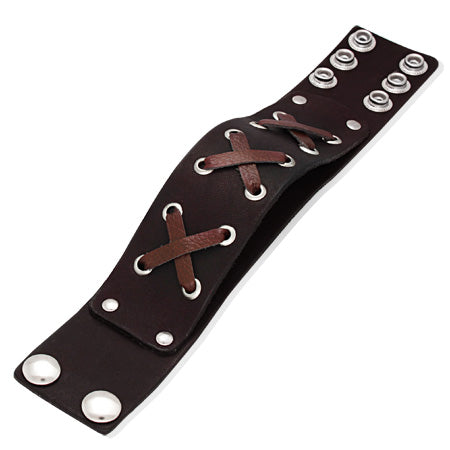 Two-Tone Brown Leather Alloy Snap Wristband Unisex Bracelet