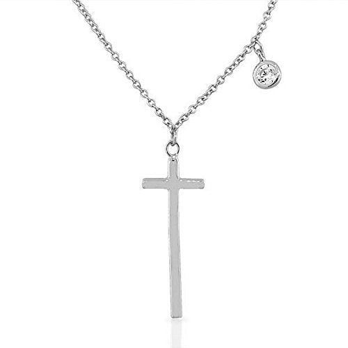 Sterling Silver White Crystal CZ Bezel-Set Religious Cross Pendant Necklace