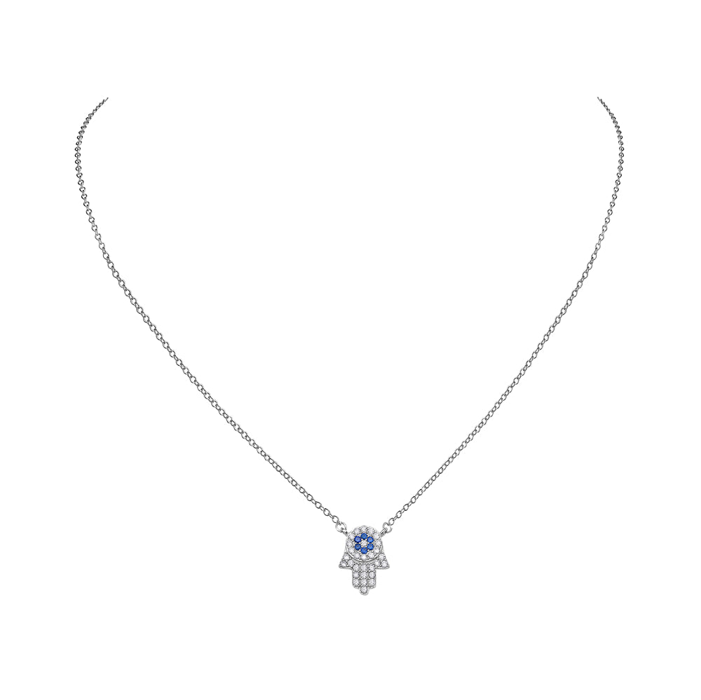 925 Sterling Silver White Blue CZ Hamsa Good Luck Pendant Necklace