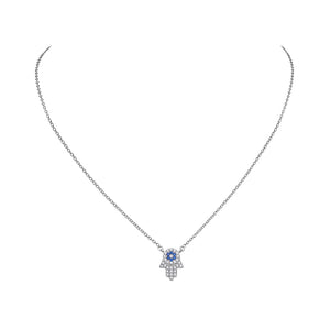 925 Sterling Silver White Blue CZ Hamsa Good Luck Pendant Necklace