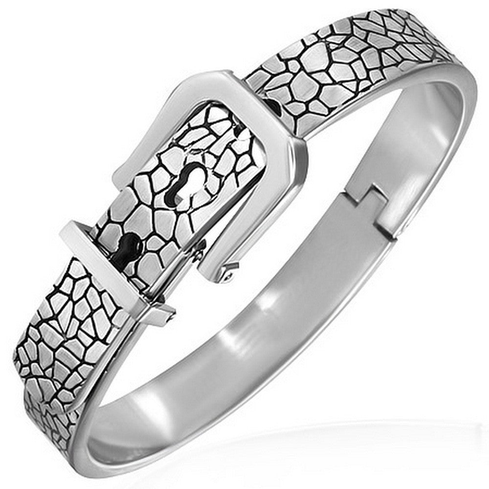 Stainless Steel Silver-Tone Pebble Snake Skin Belt Buckle Bangle Bracelet