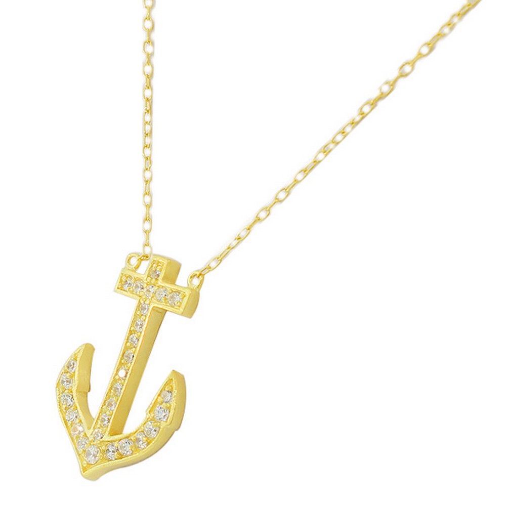 Sterling Silver Yellow Gold-Tone CZ Anchor Pendant Necklace