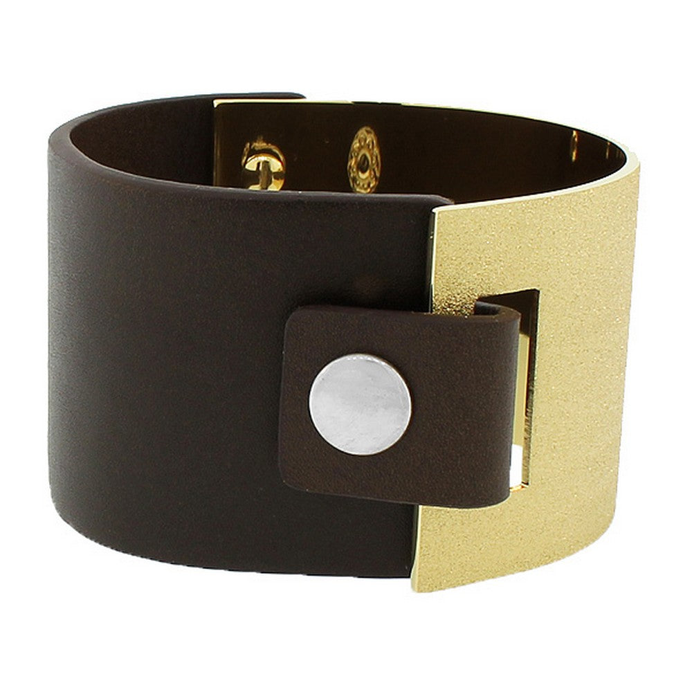 Stainless Steel Brown Leather Yellow Gold-Tone Glitter Wide Wristband Bracelet