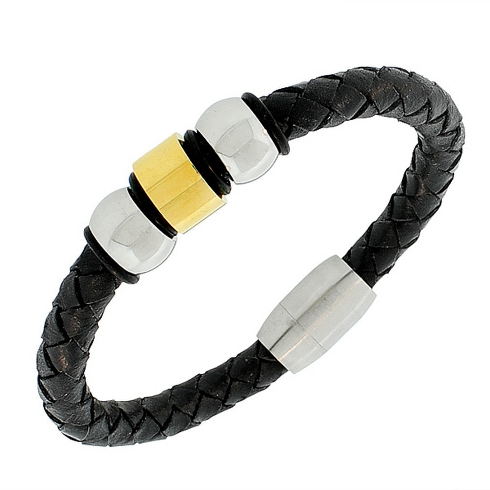 Stainless Steel Black Leather Two-Tone Wristband Men's Bracelet