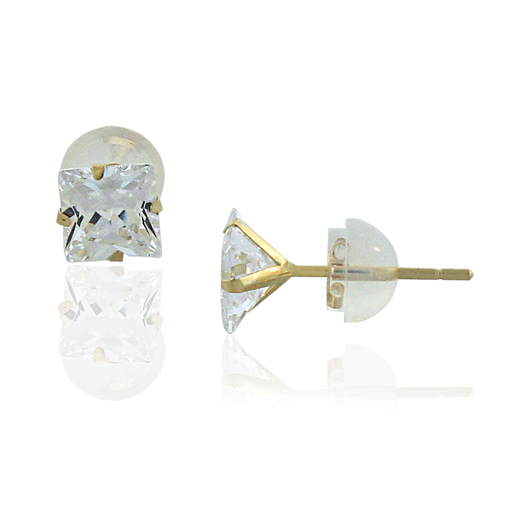 14K Yellow Gold Square Princess White Clear CZ Classic Stud Earrings, 5 mm
