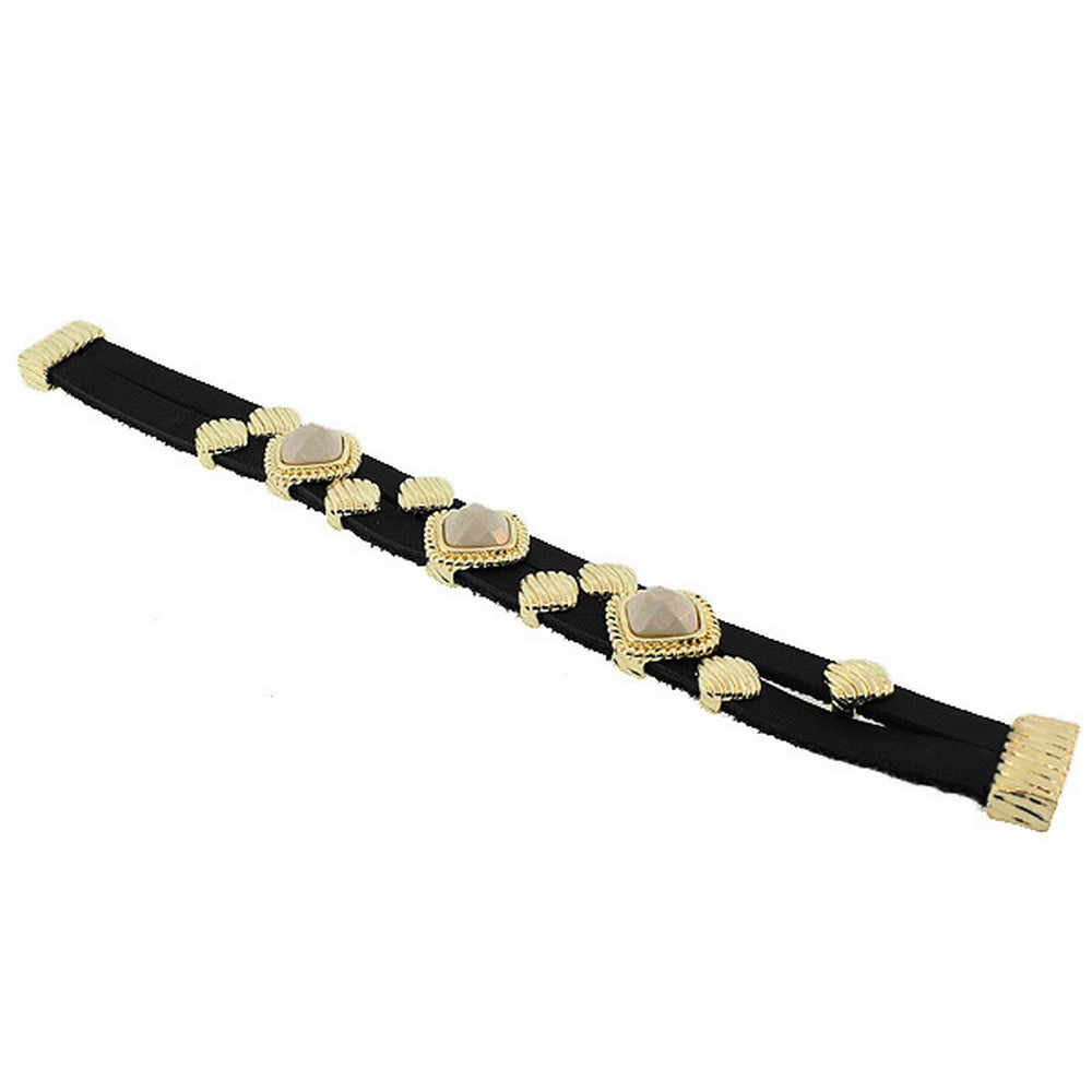 Fashion Alloy Black Faux PU Leather Yellow Gold-Tone White Wristband Bracelet
