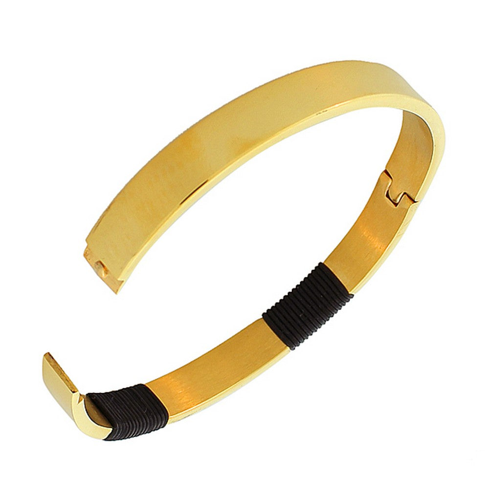 Stainless Steel Black Rubber Silicone Oval-Shaped Yellow Gold-Tone Bangle Bracelet