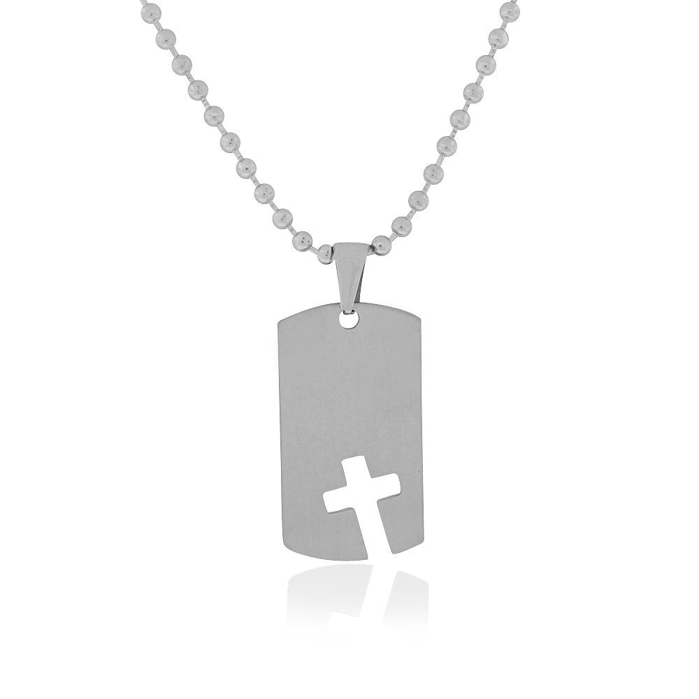 Stainless Steel Silver-Tone Dog Tag Mens Cut-out Cross Religious Pendant Necklace