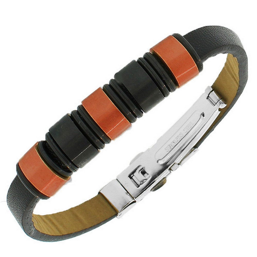 Stainless Steel Black Leather Bronze-Tone Silver-Tone Men's Bracelet