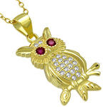 925 Sterling Silver White Red CZ Owl Bird Pendant Necklace, 18"