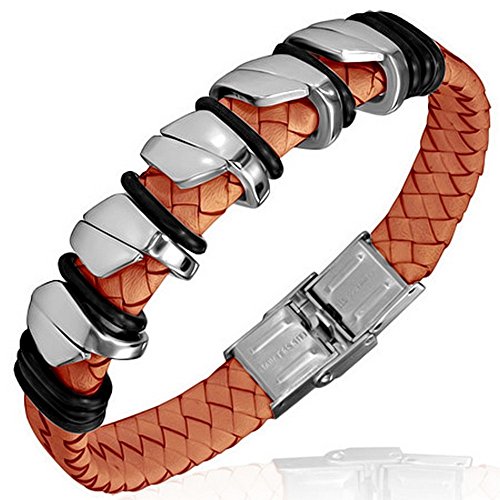 Stainless Steel White Braided Faux PU Leather Mens Bracelet
