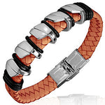 Stainless Steel White Braided Faux PU Leather Mens Bracelet