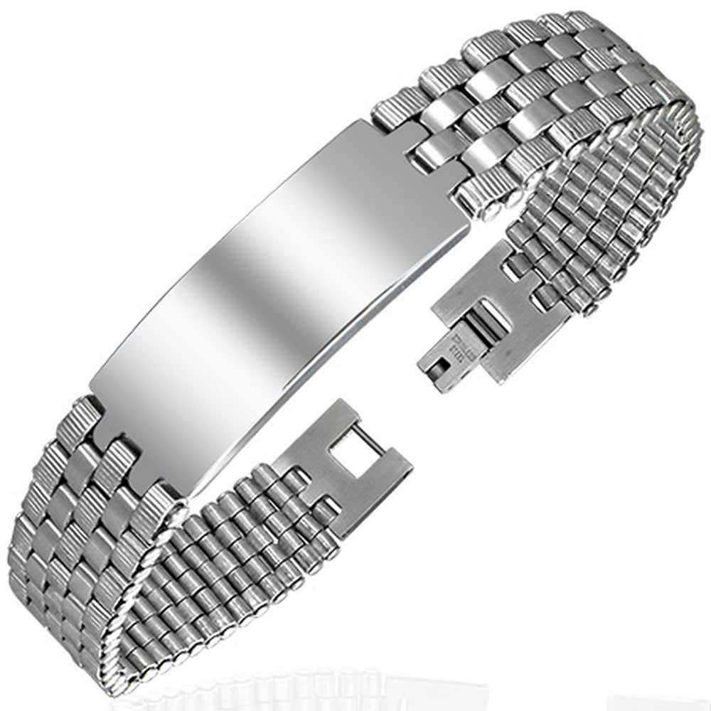 Stainless Steel Silver-Tone Name Tag Mesh Link Chain Bracelet