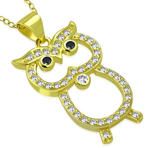 925 Sterling Silver Yellow Gold-Tone White Black CZ Owl Bird Pendant Necklace