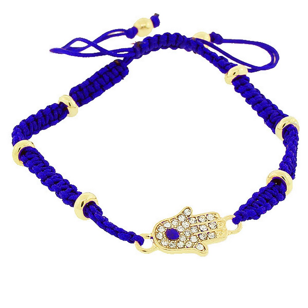 Fashion Alloy Yellow Gold-Tone Blue Cord White CZ Hamsa Adjustable Bracelet