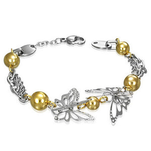 Stainless Steel Two-Tone Circle Butterflies Link Womens Bracelet