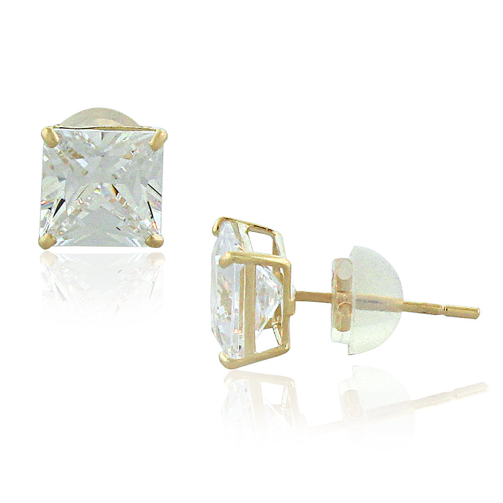 14K Yellow Gold Square Princess Clear CZ Classic Stud Earrings, 6 MM