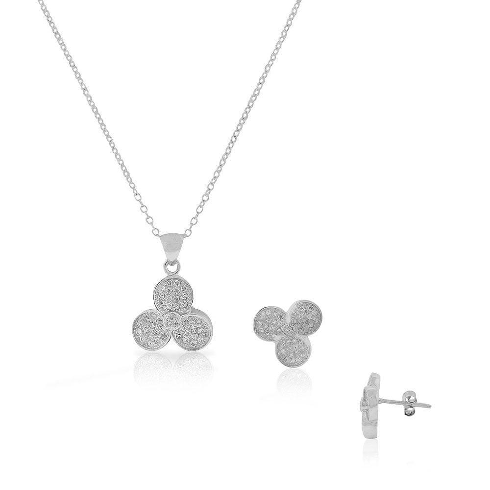 Sterling Silver White Clear CZ Flower Stud Earrings Pendant Necklace Set