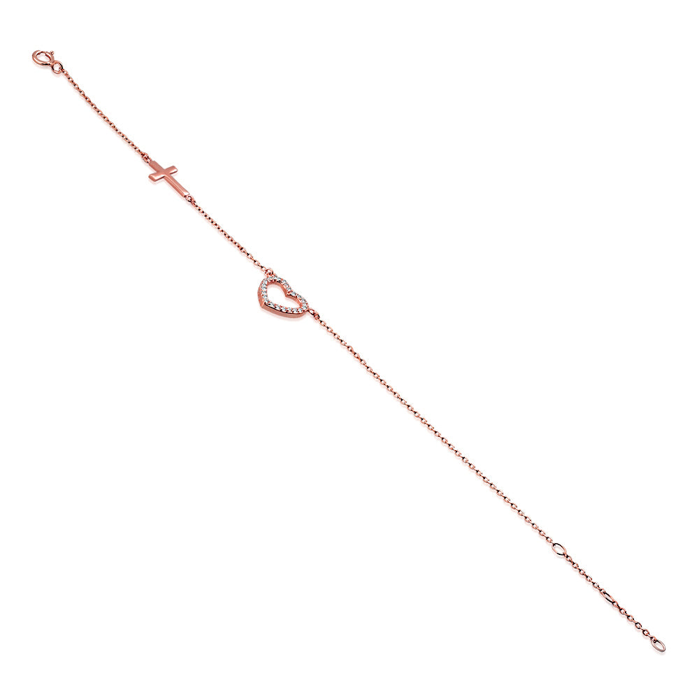 925 Sterling Silver Rose Gold-Tone Love Heart Cross Charm White CZ Link Chain Bracelet