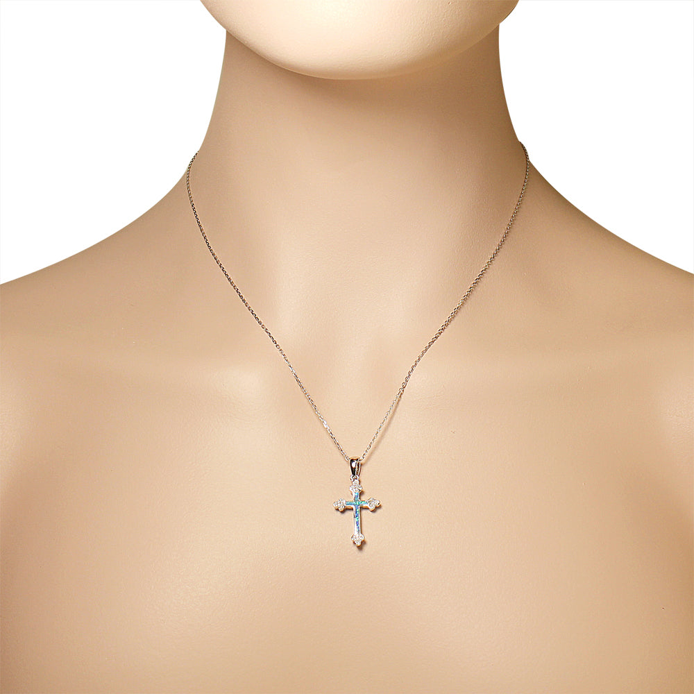 925 Sterling Silver Religious Cross Blue Turquoise-Tone Simulated Opal Pendant Necklace