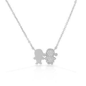 925 Sterling Silver CZ Boy Girl Twins Children Kids Pendant Necklace