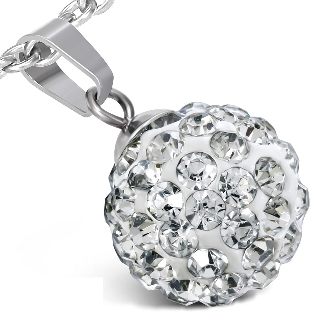 Stainless Steel Silver-Tone Bead Ball White CZ Pendant Necklace