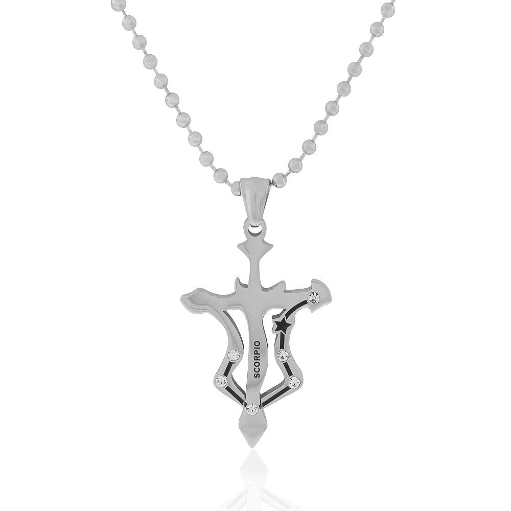Stainless Steel Silver-Tone White CZ Zodiac Cross Pendant Necklace - Scorpio